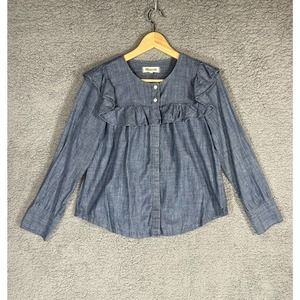 Madewell Chambray Ruffle Yoke Top Small Blue Long Sleeve Button Down Shirt XS